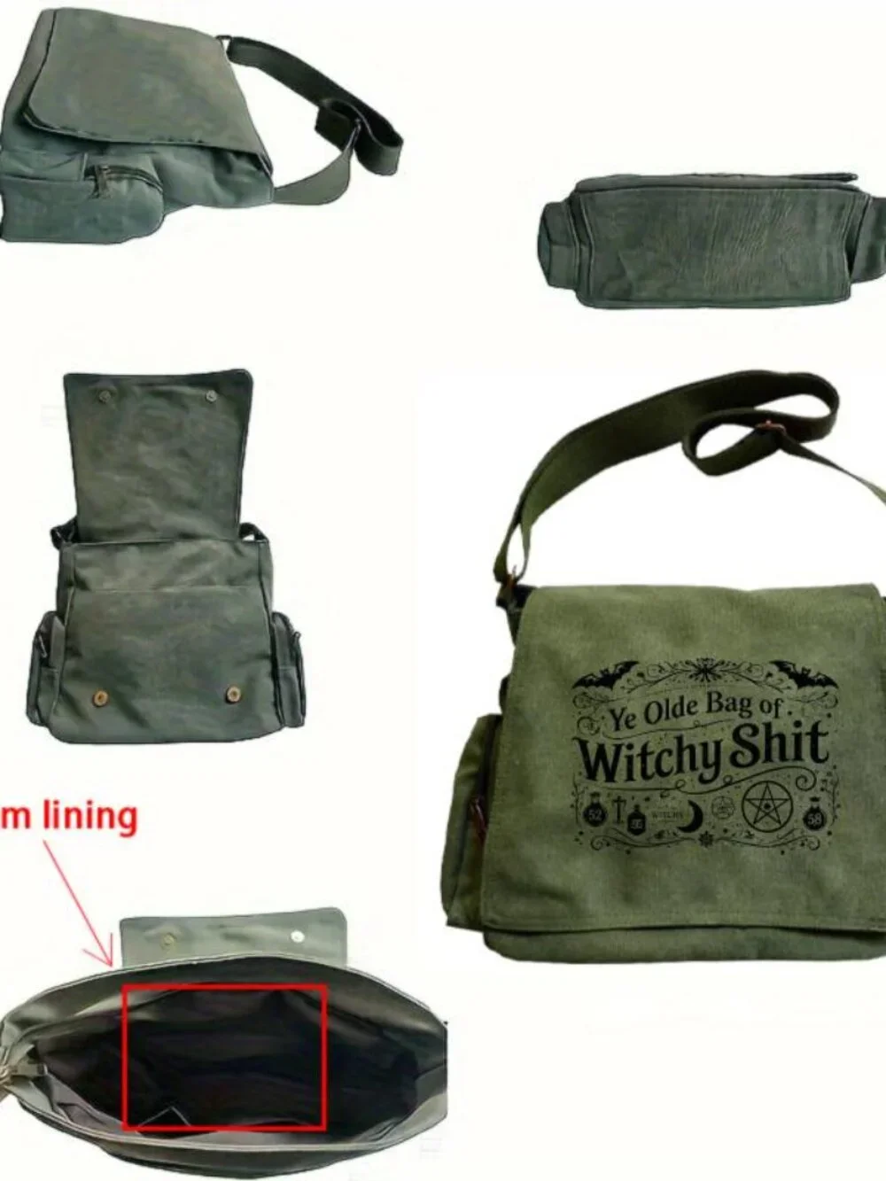 Messenger Bag Large Capacity Retro Tote with Bat and Pentagram Print
